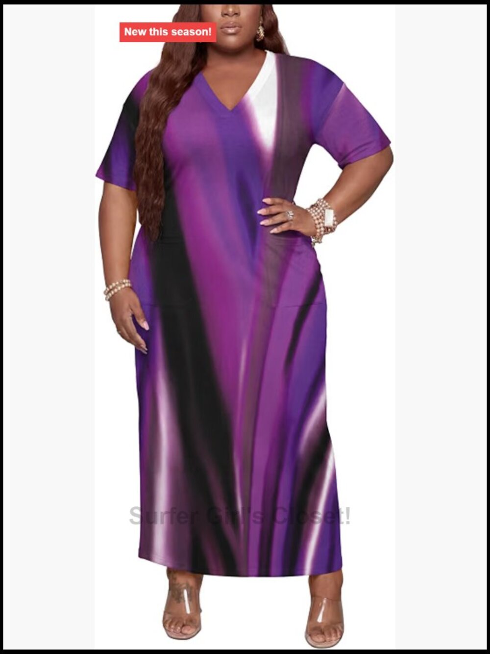Plus Size Maxi Dress Short Sleeve V Neck Casual Long Dress with Pockets
